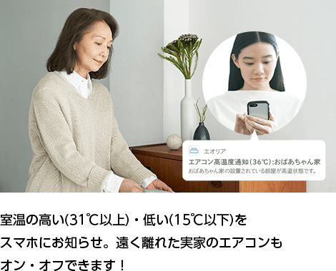 室温の高い(31℃以上)・低い(15℃以下)をスマホにお知らせ。遠く離れた実家のエアコンもオン・オフできます!