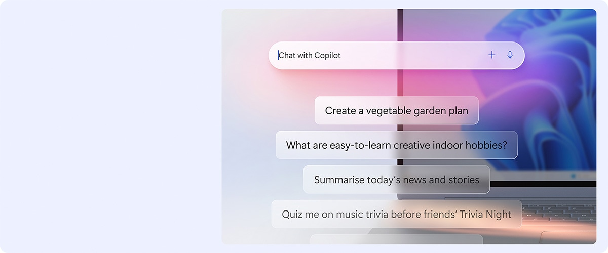 Ȃ AI AVX^g Chat with Copilot Create a vegetable garden plan What are easy-to-learn creative indoor hobbies? Summarise today's news and stories Quiz me on music trivia before friends' Trivia Night