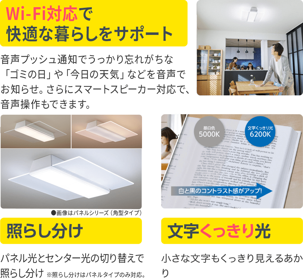 設定時間になると自動であかりのシーンが切り替わり。照らし分け。文字くっきり光。