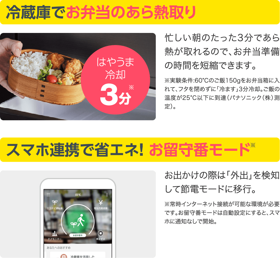 冷蔵庫でお弁当のあら熱取り。スマホ連携で省エネ! お留守番モード。
