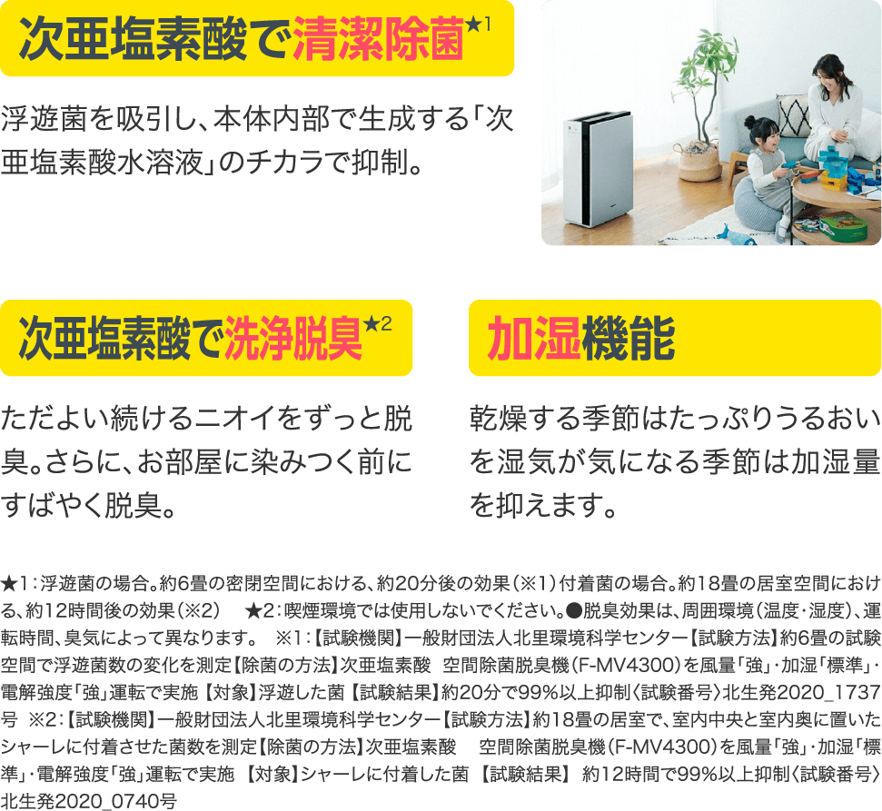 次亜塩素酸で清潔除菌。次亜塩素酸で洗浄脱臭。加湿機能。