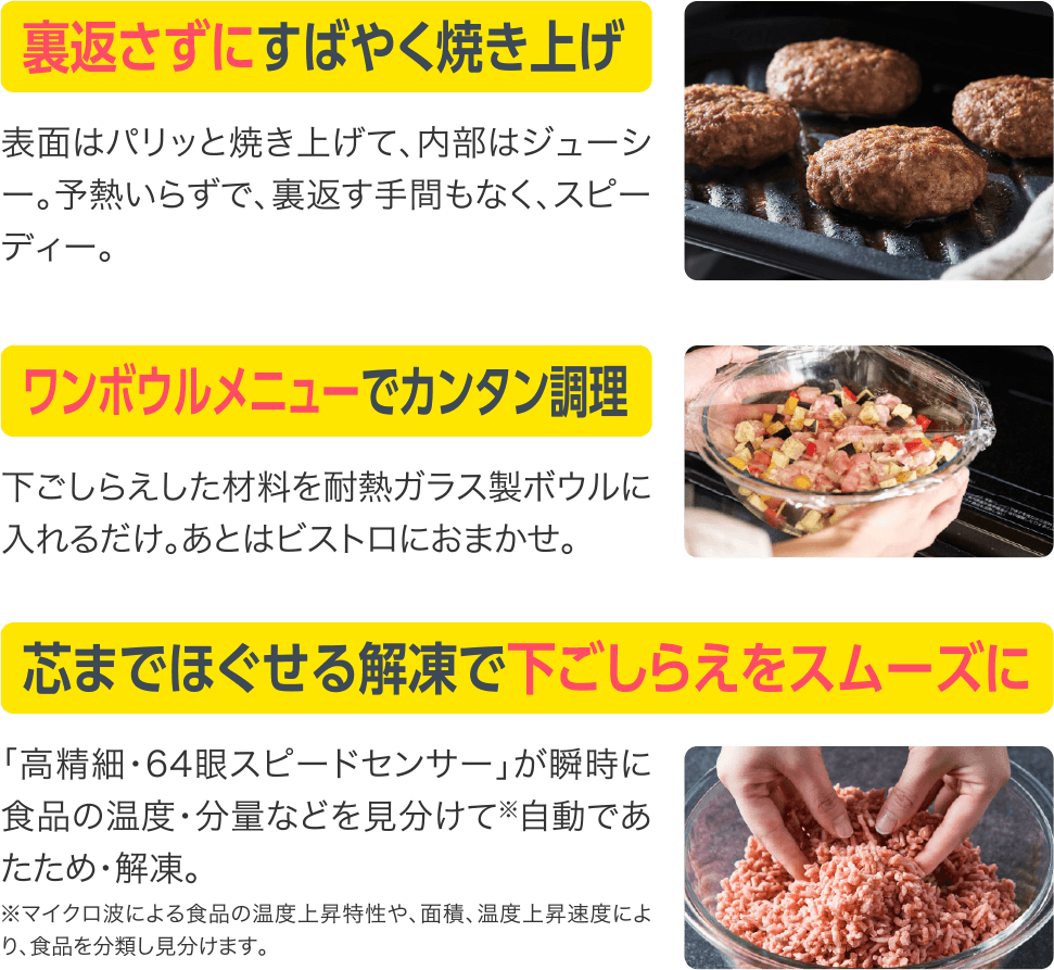 裏返さずにすばやく焼き上げ。ワンボウルメニューで簡単調理。芯までほぐせる解凍で下ごしらえをスムーズに。"