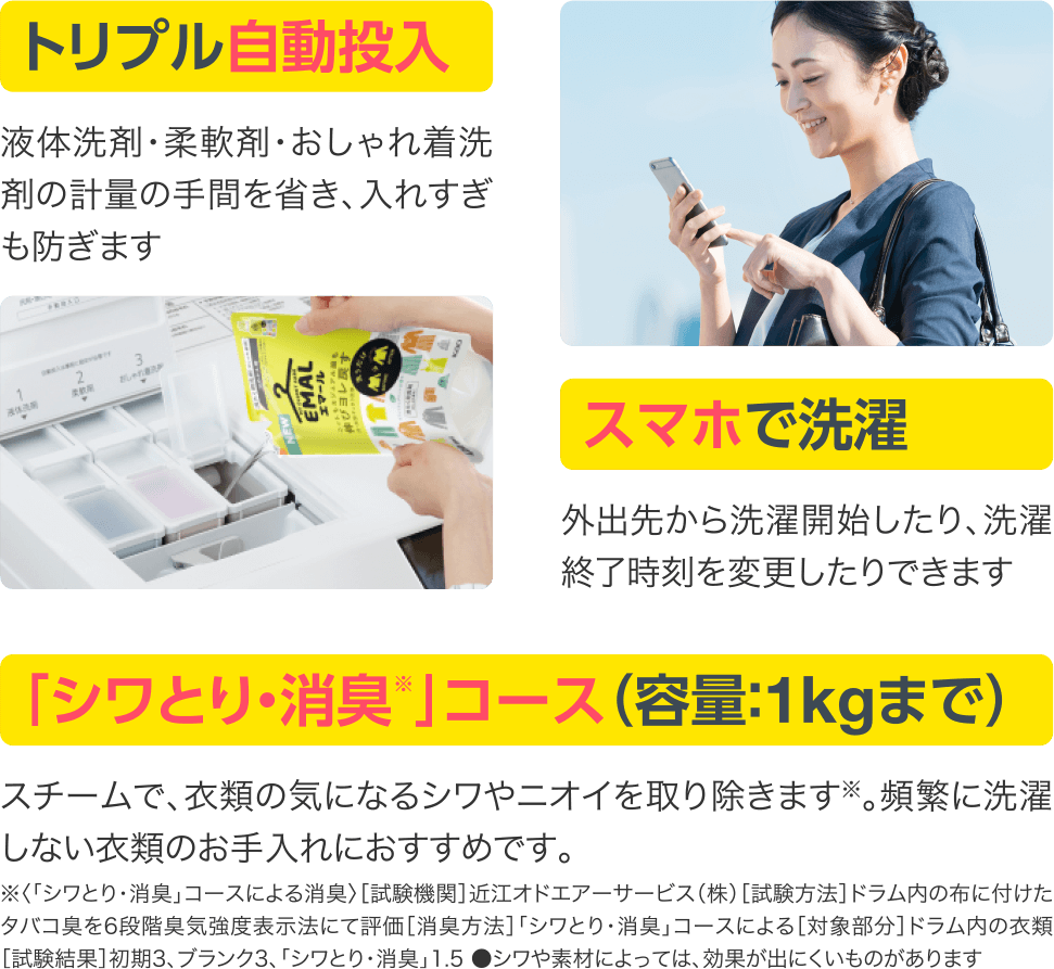 液体洗剤・柔軟剤・おしゃれ着洗剤トリプル自動投入。アプリを使って「スマホで洗濯」。シワとり・消臭コース。